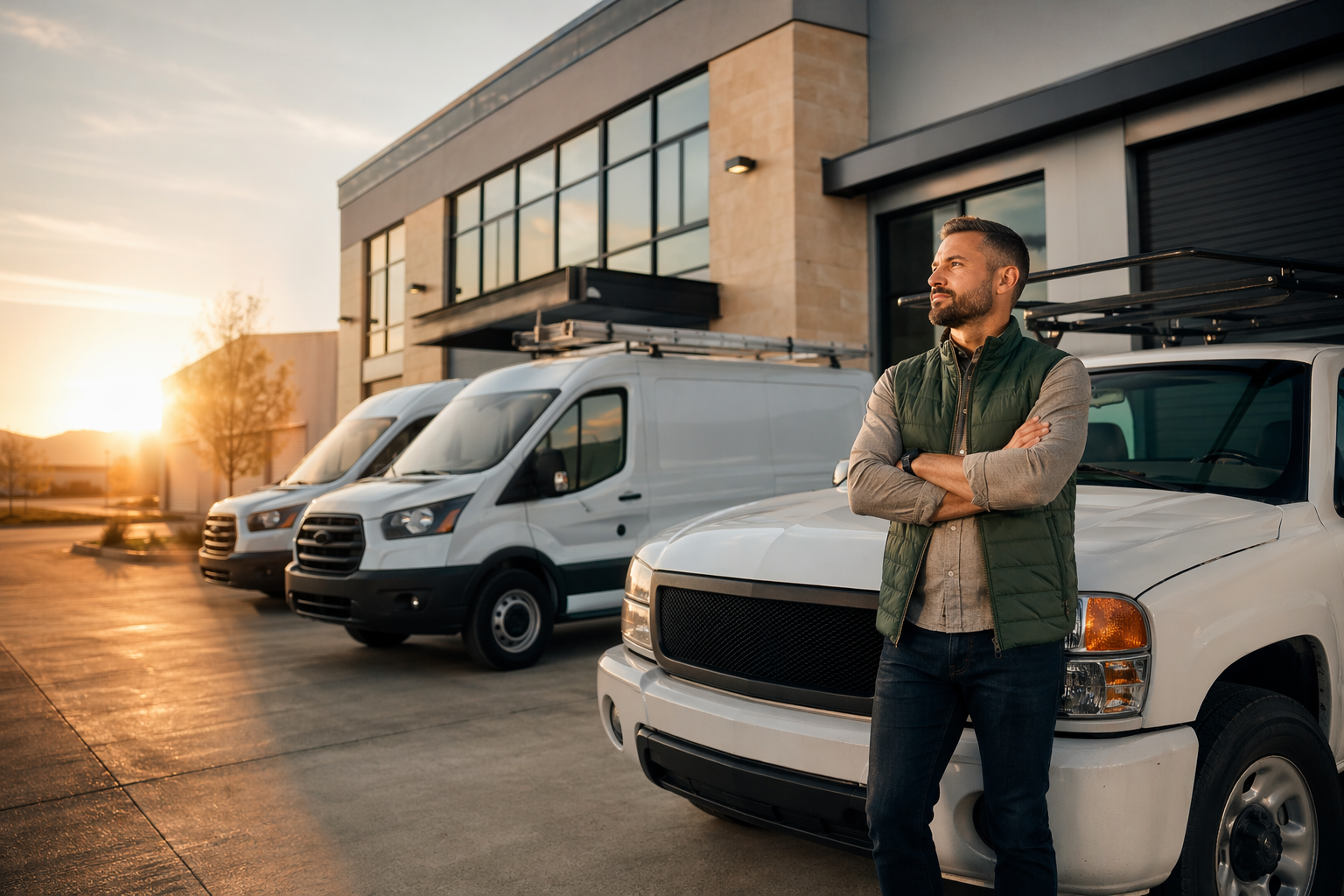 A small commercial fleet outside a contemporary business building