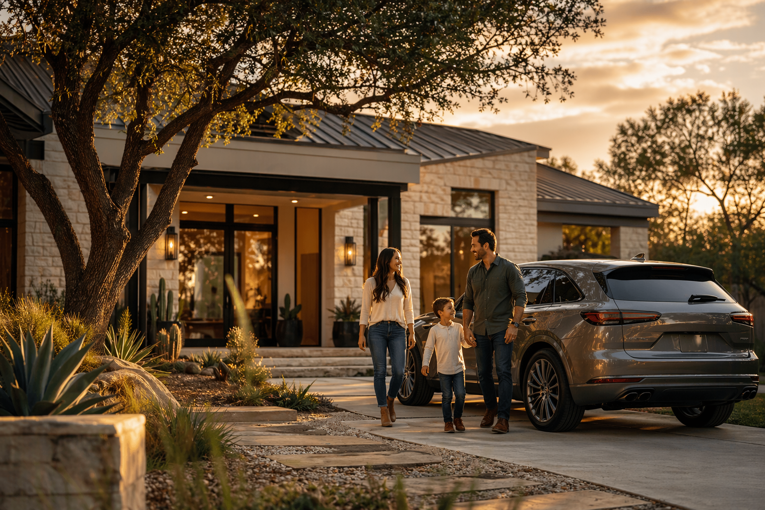 A family at home with a vehicle in the driveway